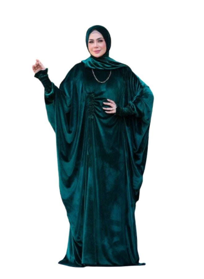 عباية اسدال خروج شتوي حريمي - قطيفة فرنساوي - لون زيتي سادة - Image 2